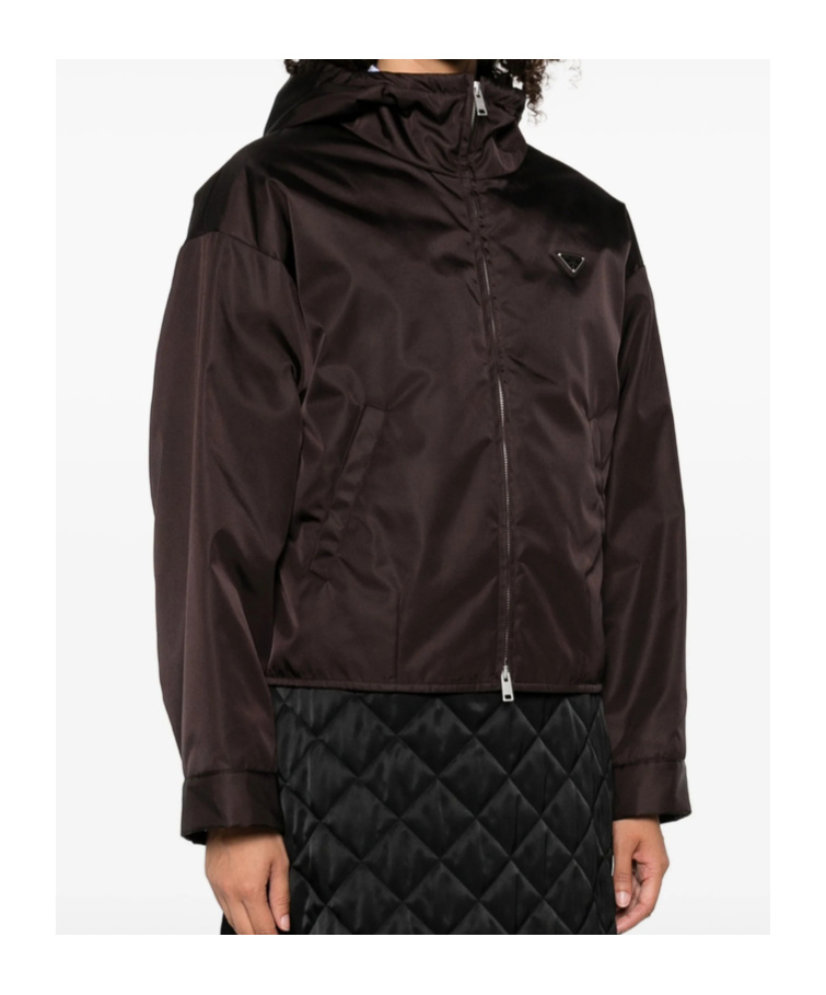 Prada Logo-plaque Hooded Jacket In Brown