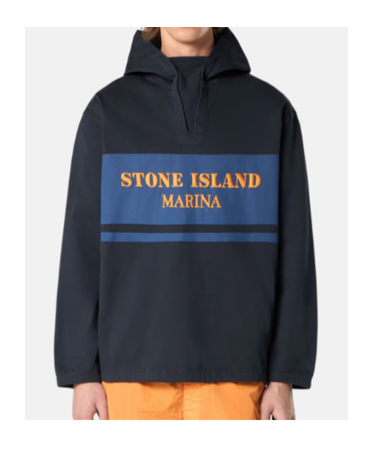 Stone Island Oversized Fit Hooded Sweatshirt With Stripe Andlettering In Navy Blue