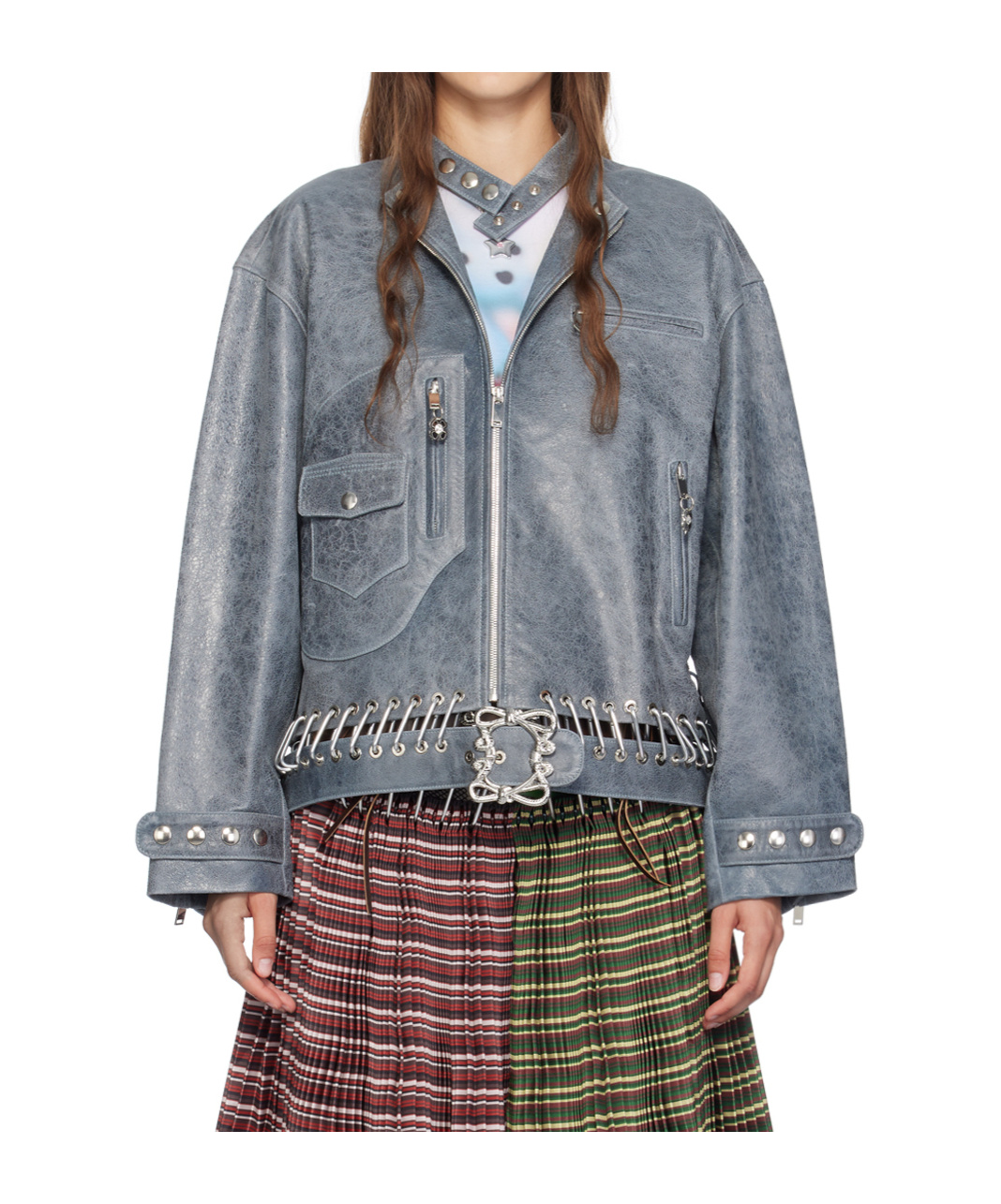 Chopova Lowena Blue Carabiner Leather Jacket In Gray