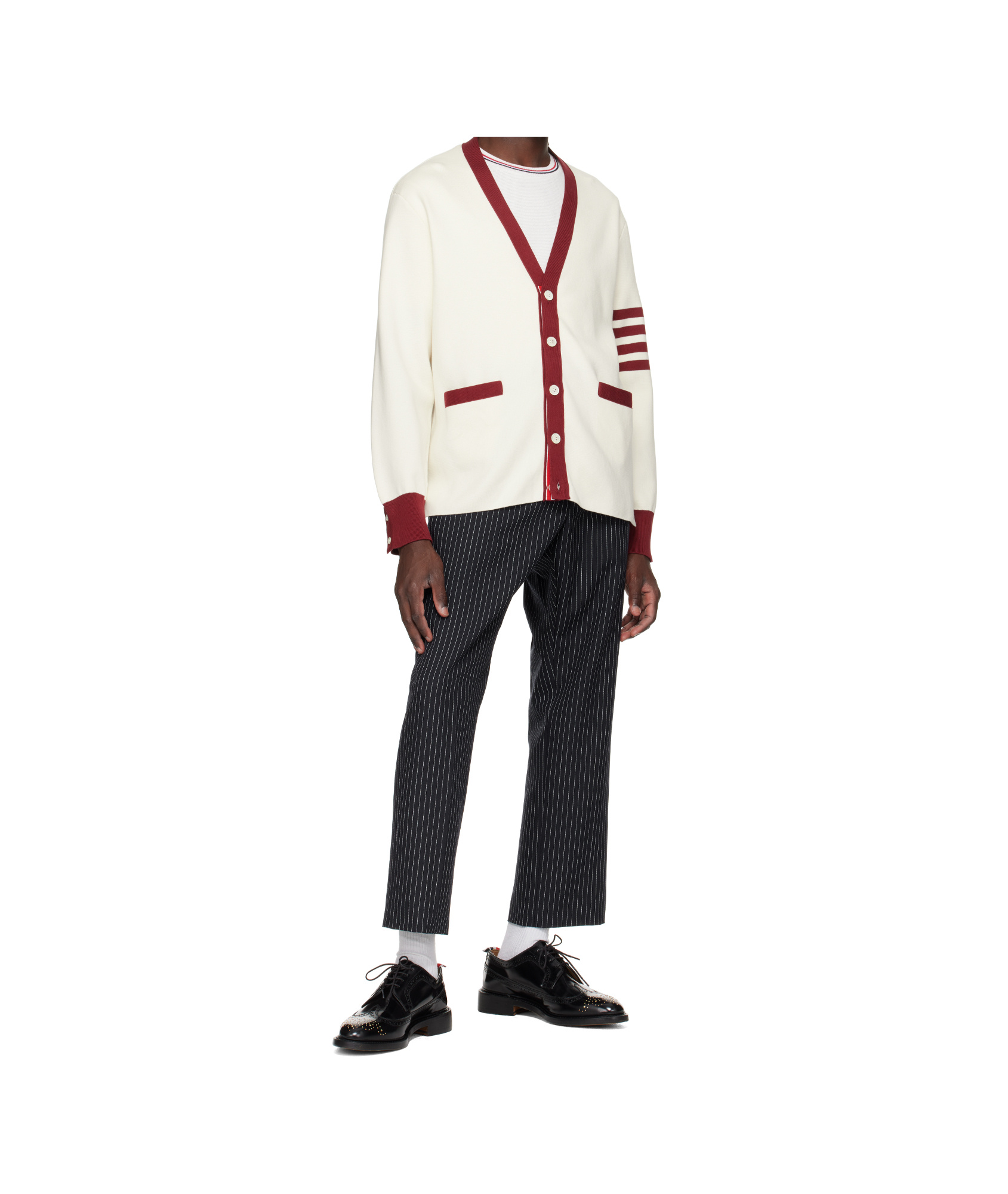 Thom Browne Navy Pinstripe High Twist Wool Backstrap Trousers In Blue