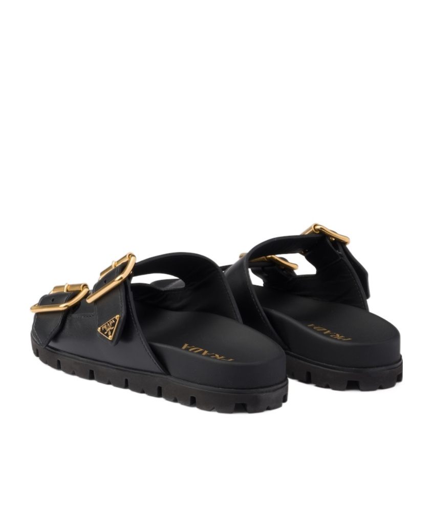 Prada Leather Slides Gold-tone Hardware Accents In Black