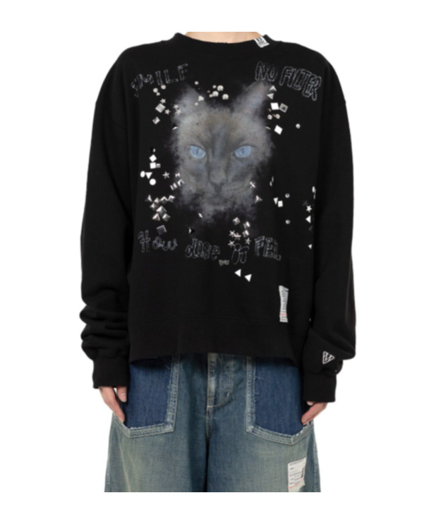 Miharayasuhiro Black Cat Printed Embellished Distressed Sweatshirt In Black