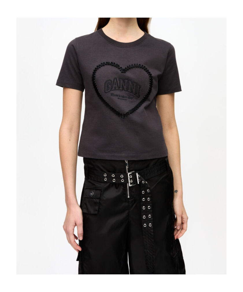 Ganni Crewneck Embroidered Phantom T-shirt In Black
