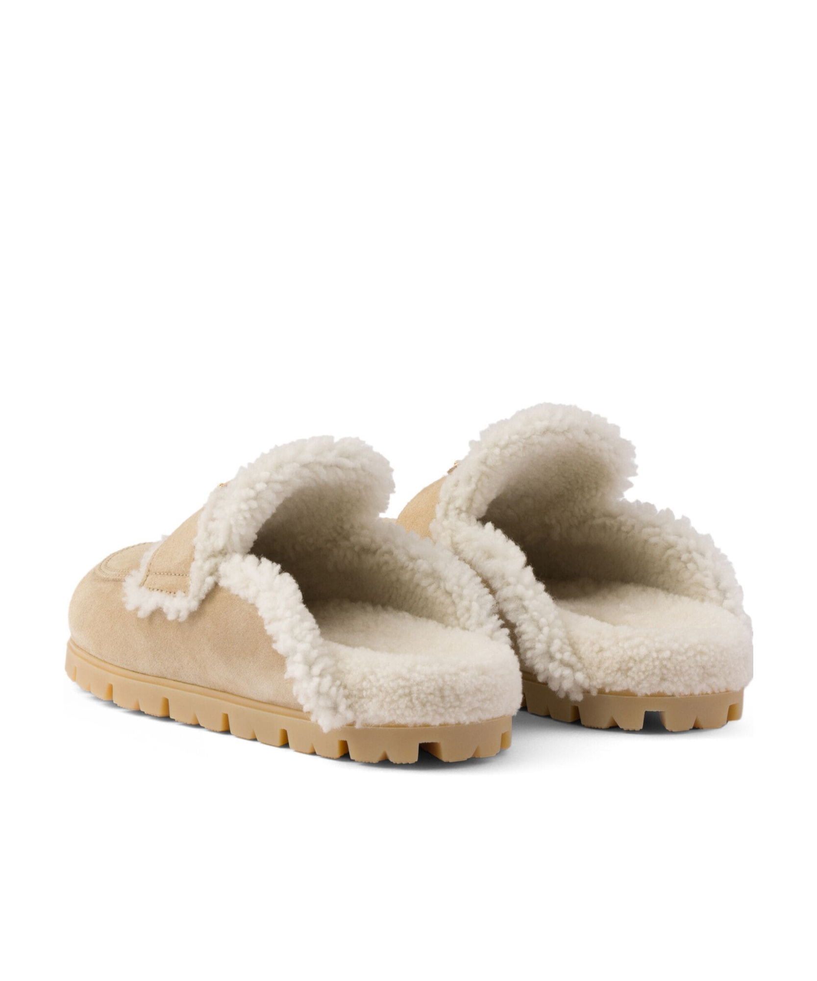 Prada Slipper Aus Wildleder Und Lammfell In Brown