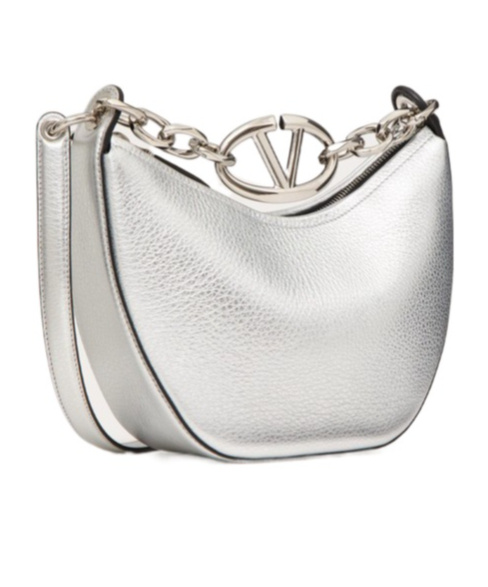 Shop Valentino Vlogo Moon Mini Hobo Bag In Metallic Grainy Calfskin With Chain In White