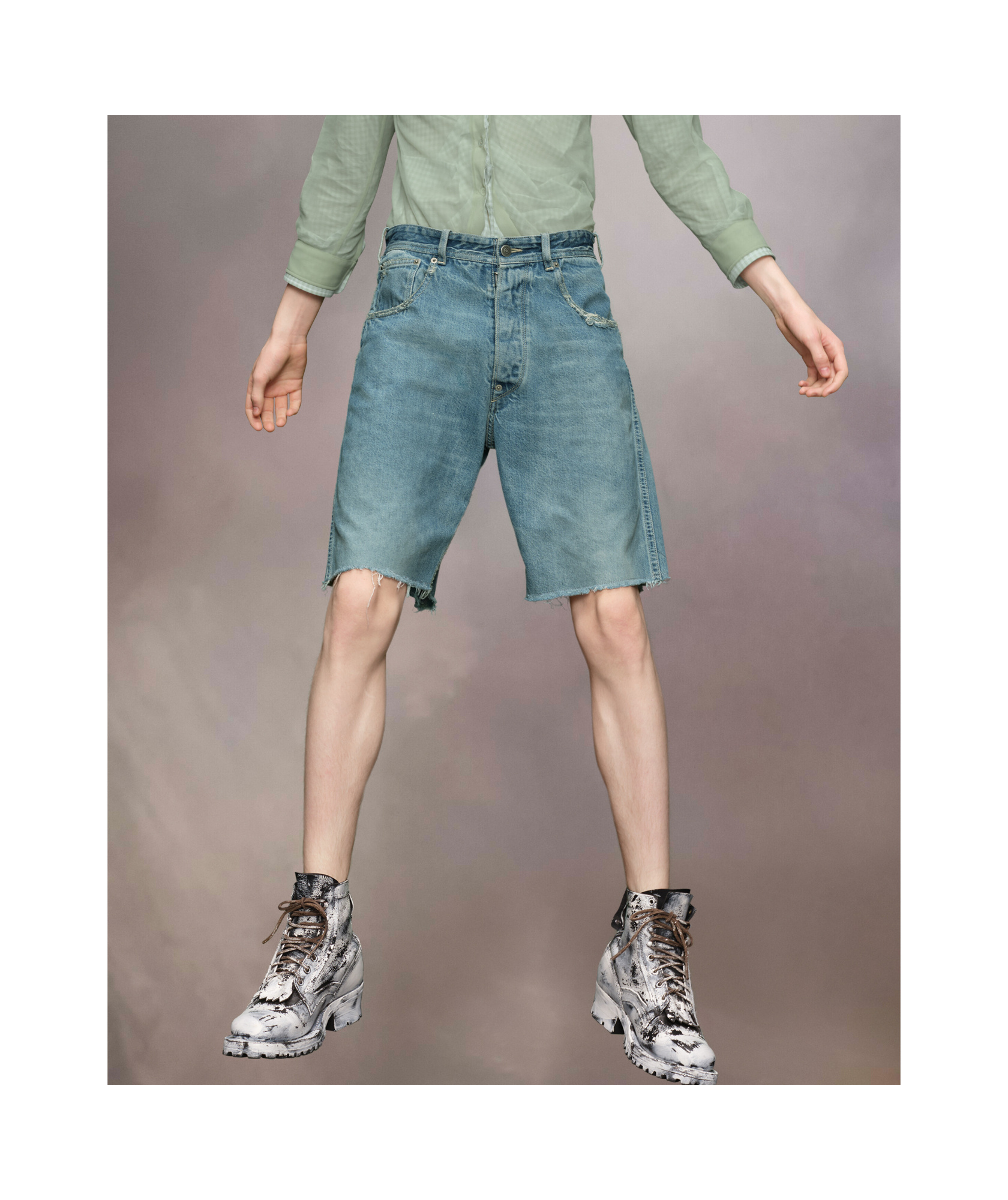 Maison Margiela Denim Cut-off Shorts Man Light Blue In Blue