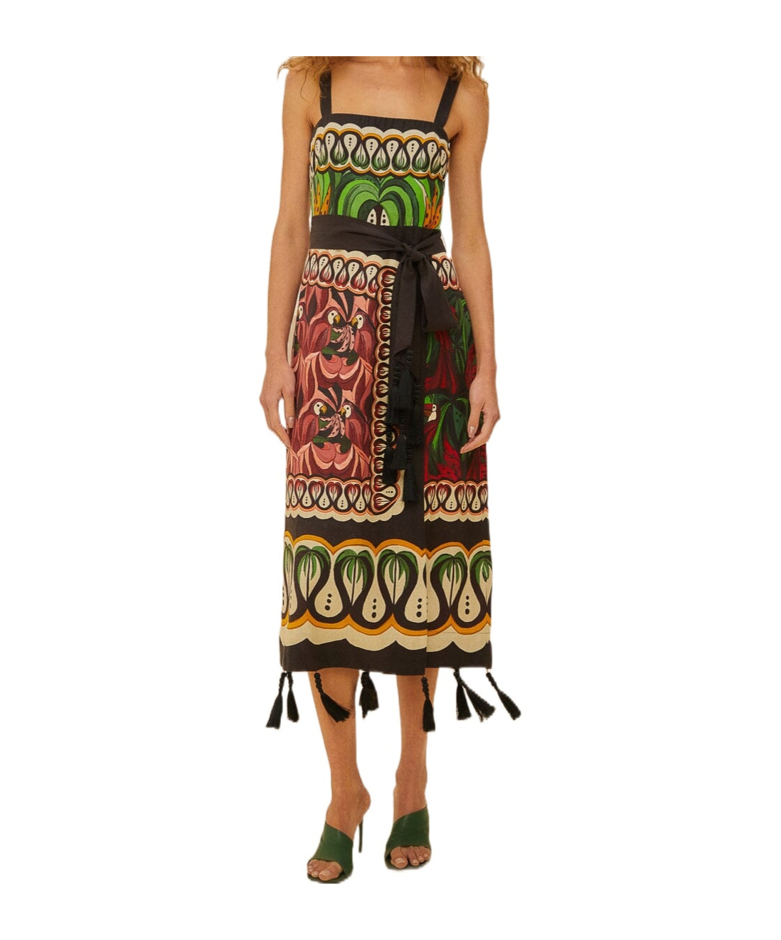 Farm Rio Coconut Tree Mixed Scarf Print Strapless Linen Blend Dress