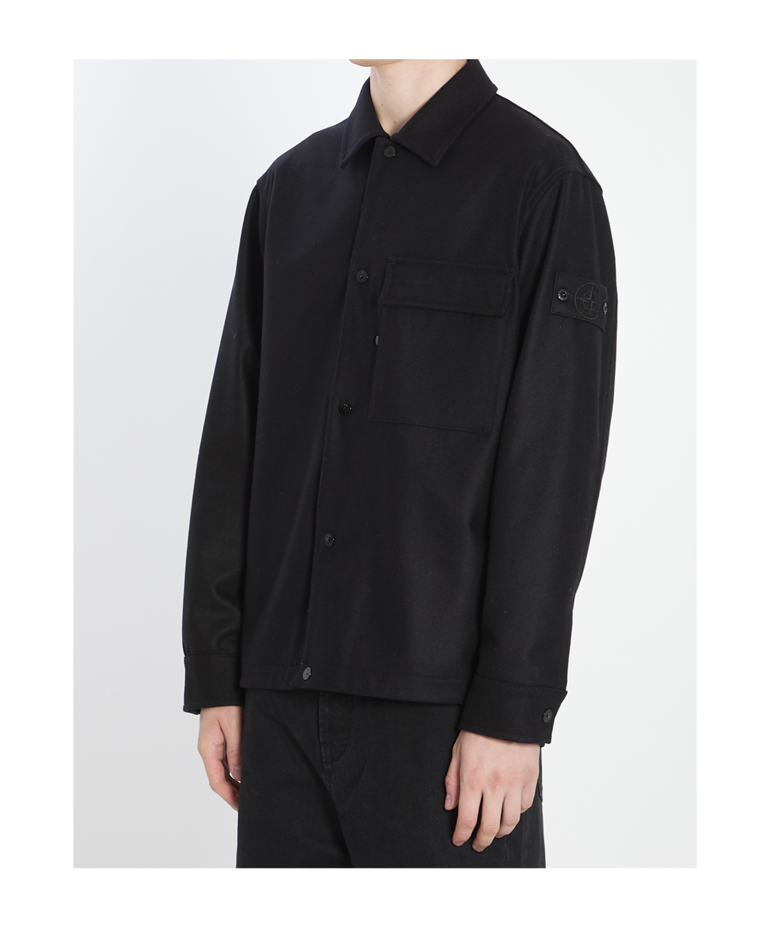Stone Island Wool Blend Shirt With Chest And Flap Pockets In Black