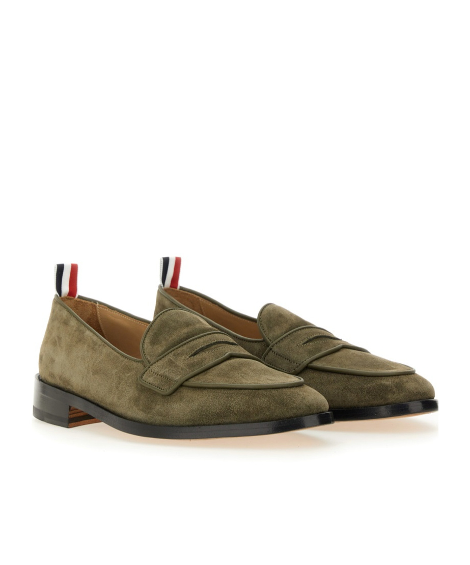 Thom Browne Suede Loafers With Rounded Toe And Tricolor Detail In Green