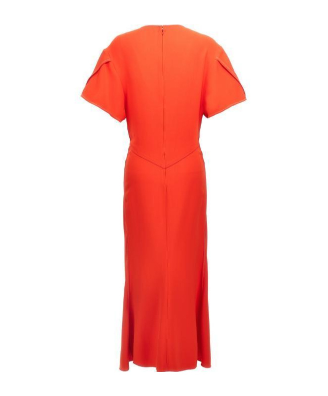 Victoria Beckham Gathered V Neck Midi Dress Tomato In Red