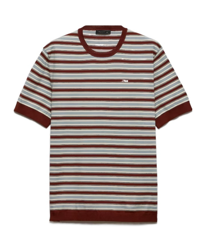 Prada Short-sleeved Striped Cotton Sweater In Brown