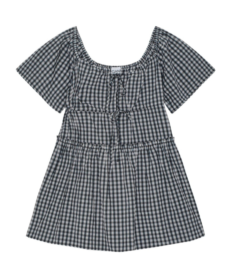 Ganni Check-print Mini Dress In Gray