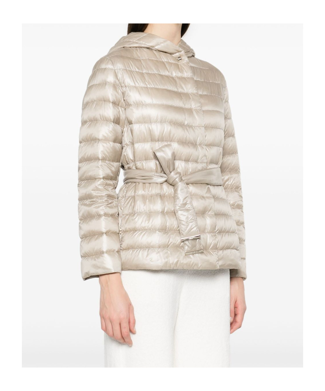 Herno Hooded Belted Waist Puffer Jacket In Neutral