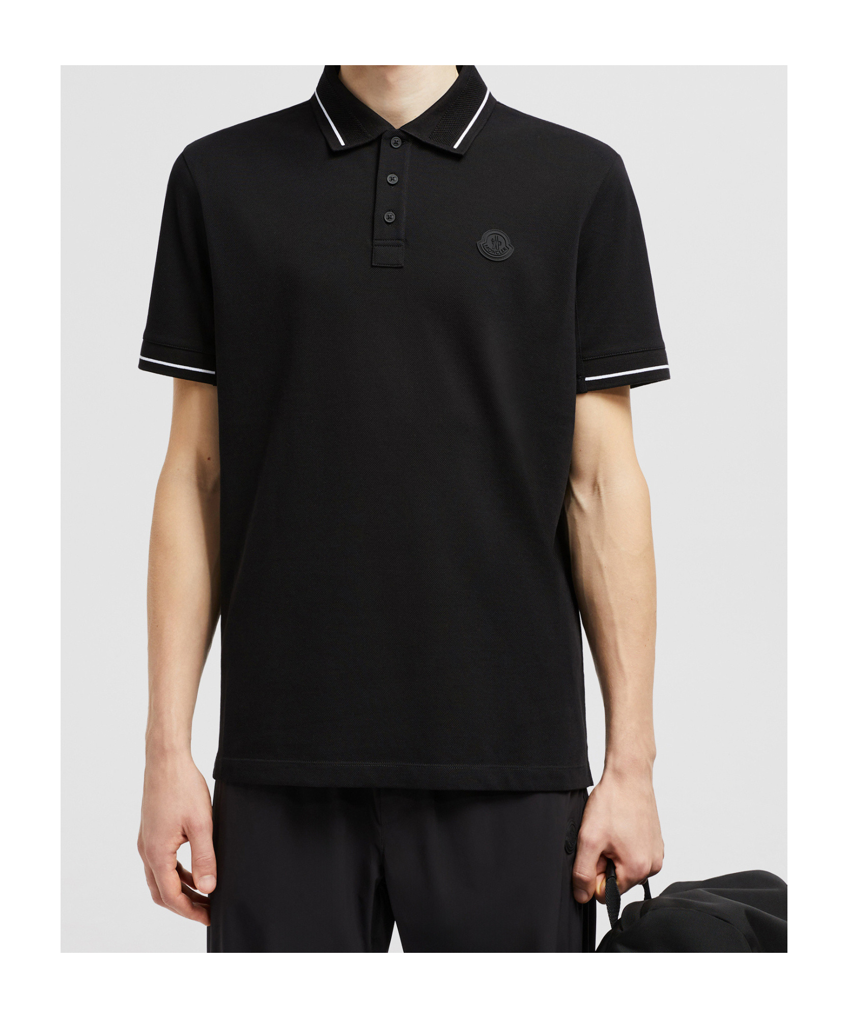 Moncler Men Tricolor-trimmed Cotton Piquet Polo Shirt Navy In Black