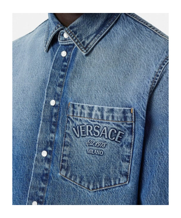 Versace Indigo Blue Washed Denim Shirt With Embossed Logo