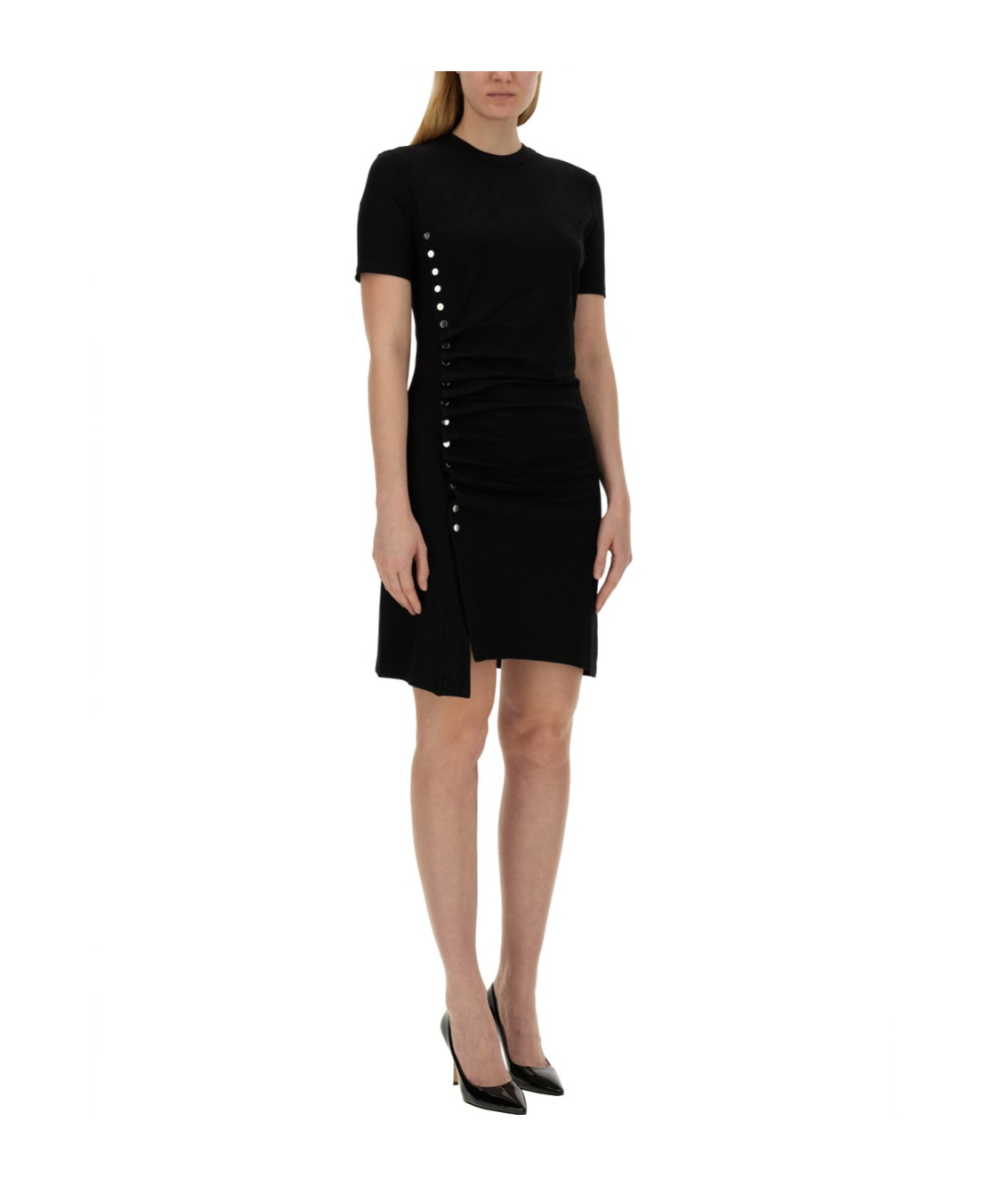 Rabanne Side Snap Ruched Asymmetric Minidress In Black