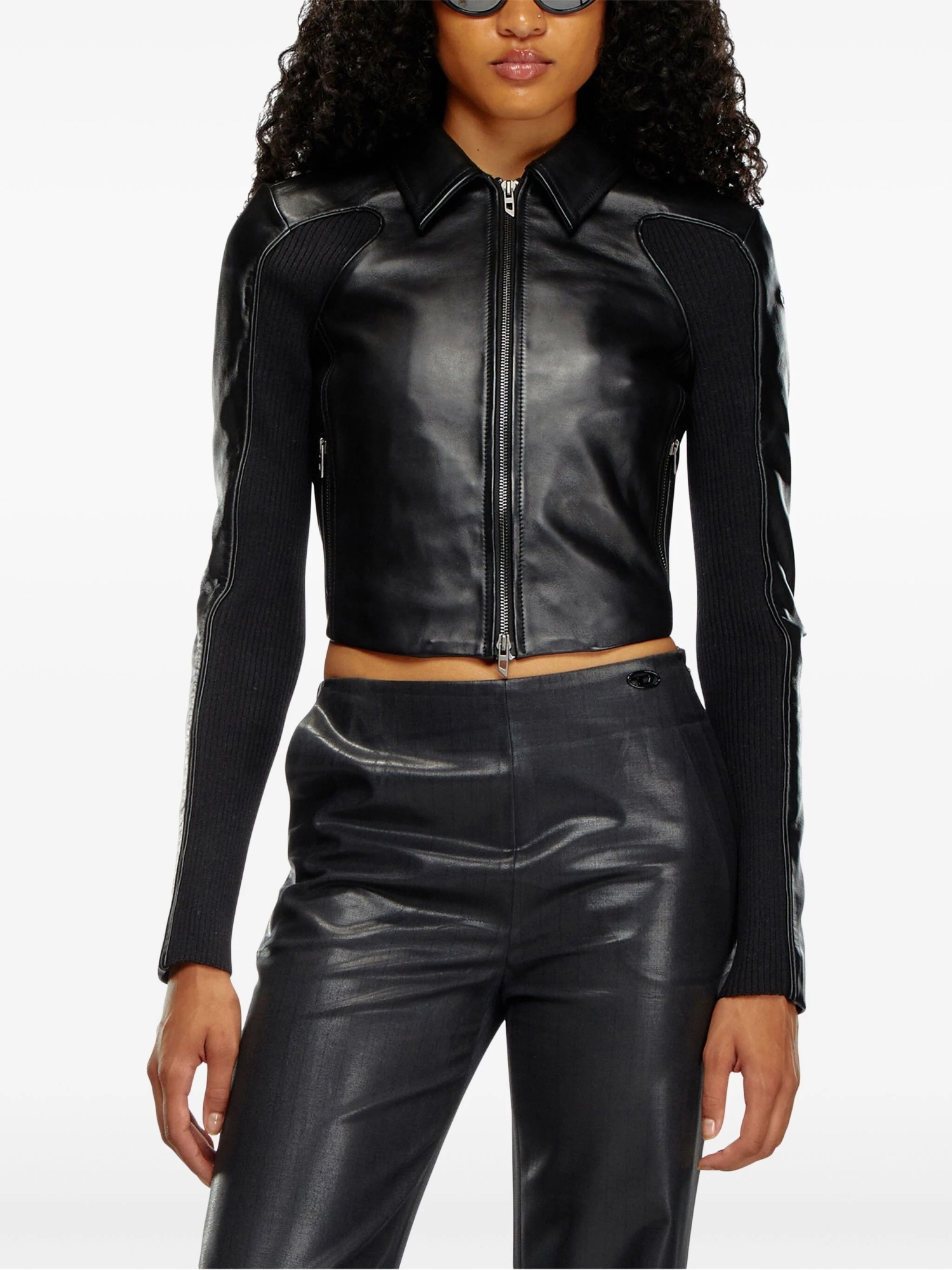 Diesel Red Tag Cropped Leather L-totem Jacket With Knit Details In Black