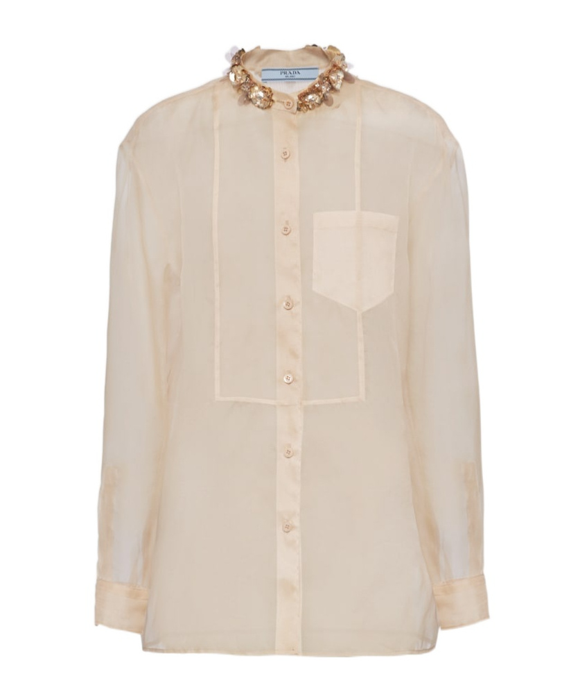 Prada Embroidered Organza Shirt In Nude