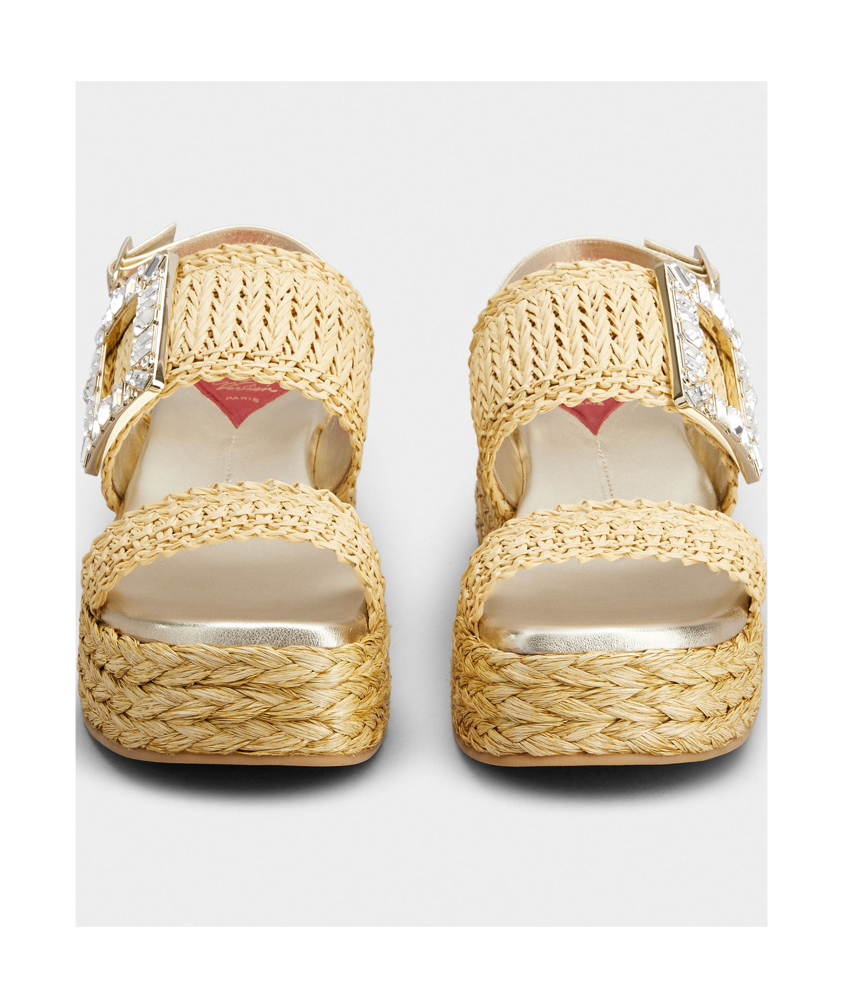 Shop Roger Vivier Strass Buckle Wedge Sandals In Raffia In Beige