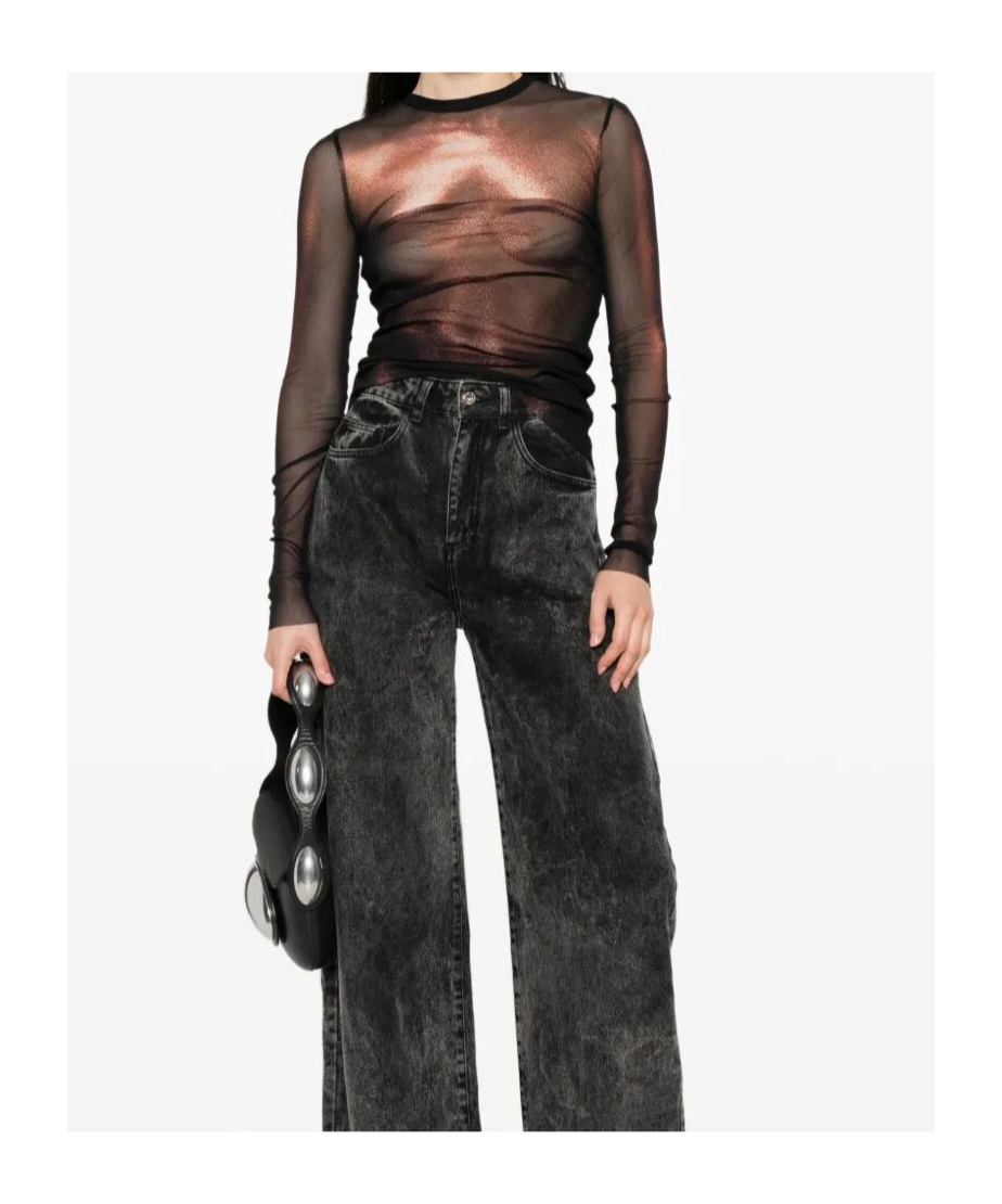 Jean Paul Gaultier Sheer Mesh Crew Neck Top Long Sleeves In Black