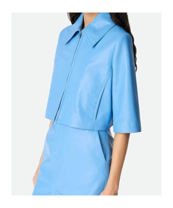 Bottega Veneta Leather Cropped Jacket In Blue