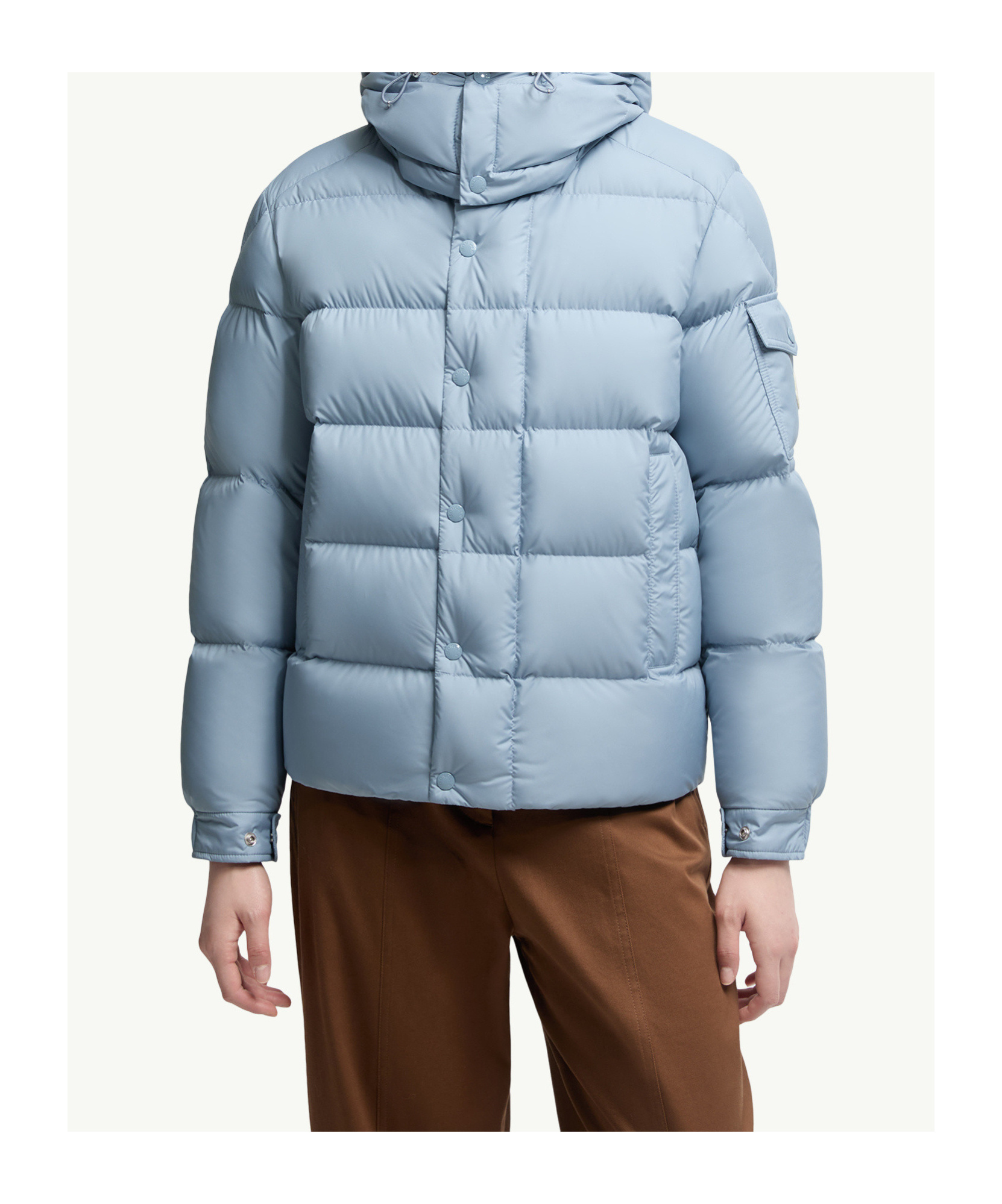Moncler Long Little Down Jacket With Square Quilting And Hood In Blue