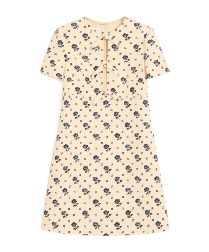 Valentino Floral Print Bow Keyhole Wool Mini Dress In Nude