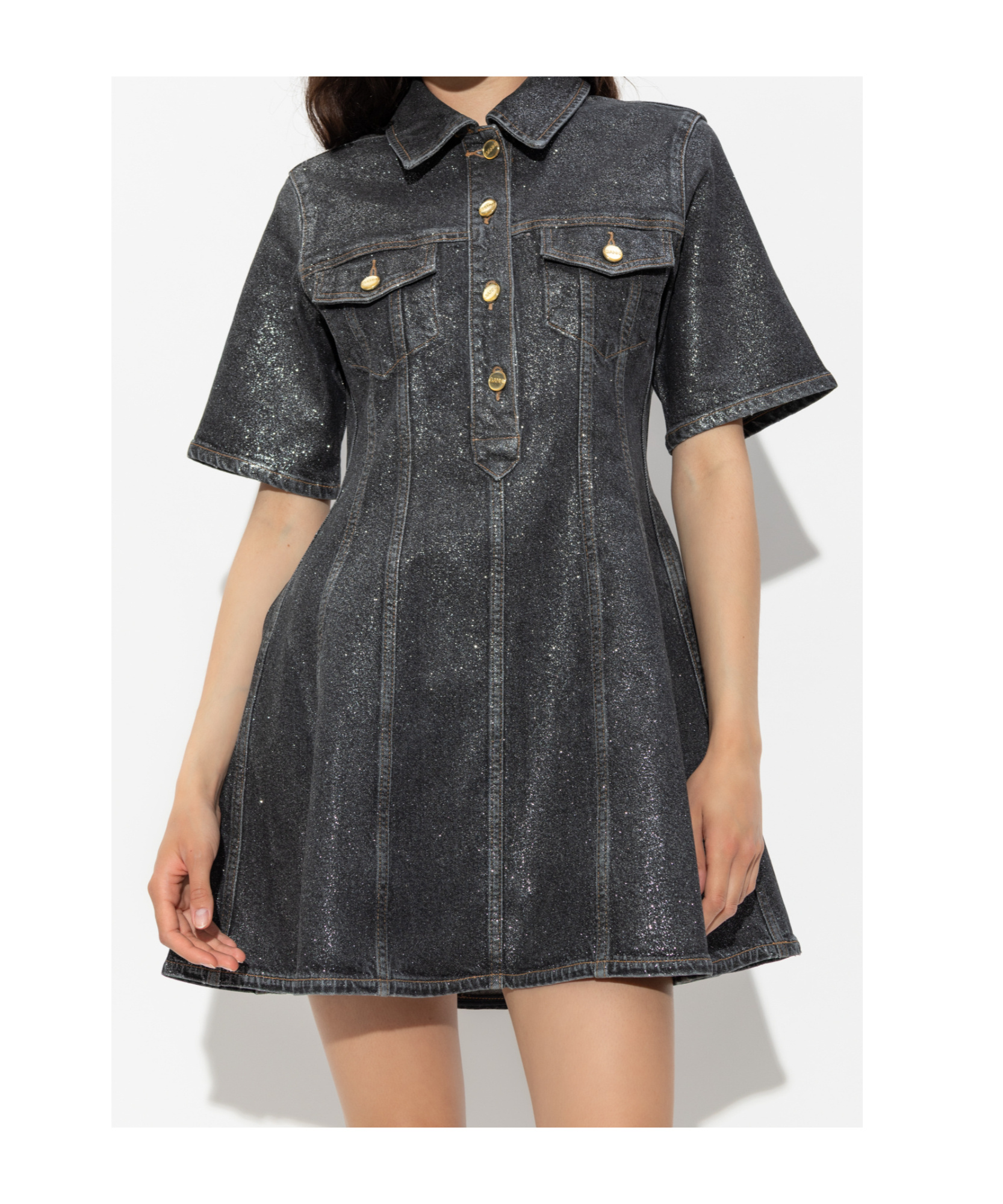 Ganni Shimmery Foil Denim Mini Dress In Gray