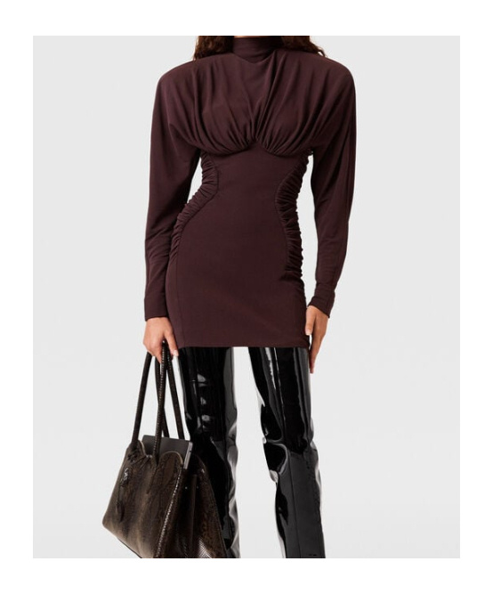 Stella Mccartney Pleated Long Sleeve Crepe Jersey Minidress In Brown