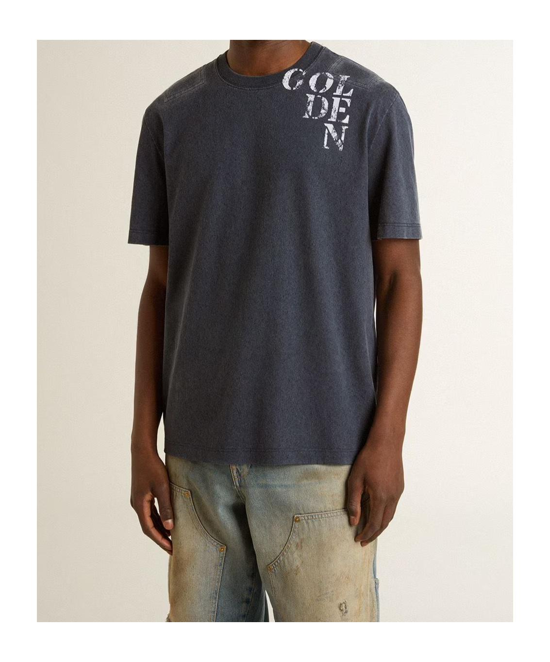 Golden Goose Dark Blue Cotton T-shirt With Contrasting Logo In Gray