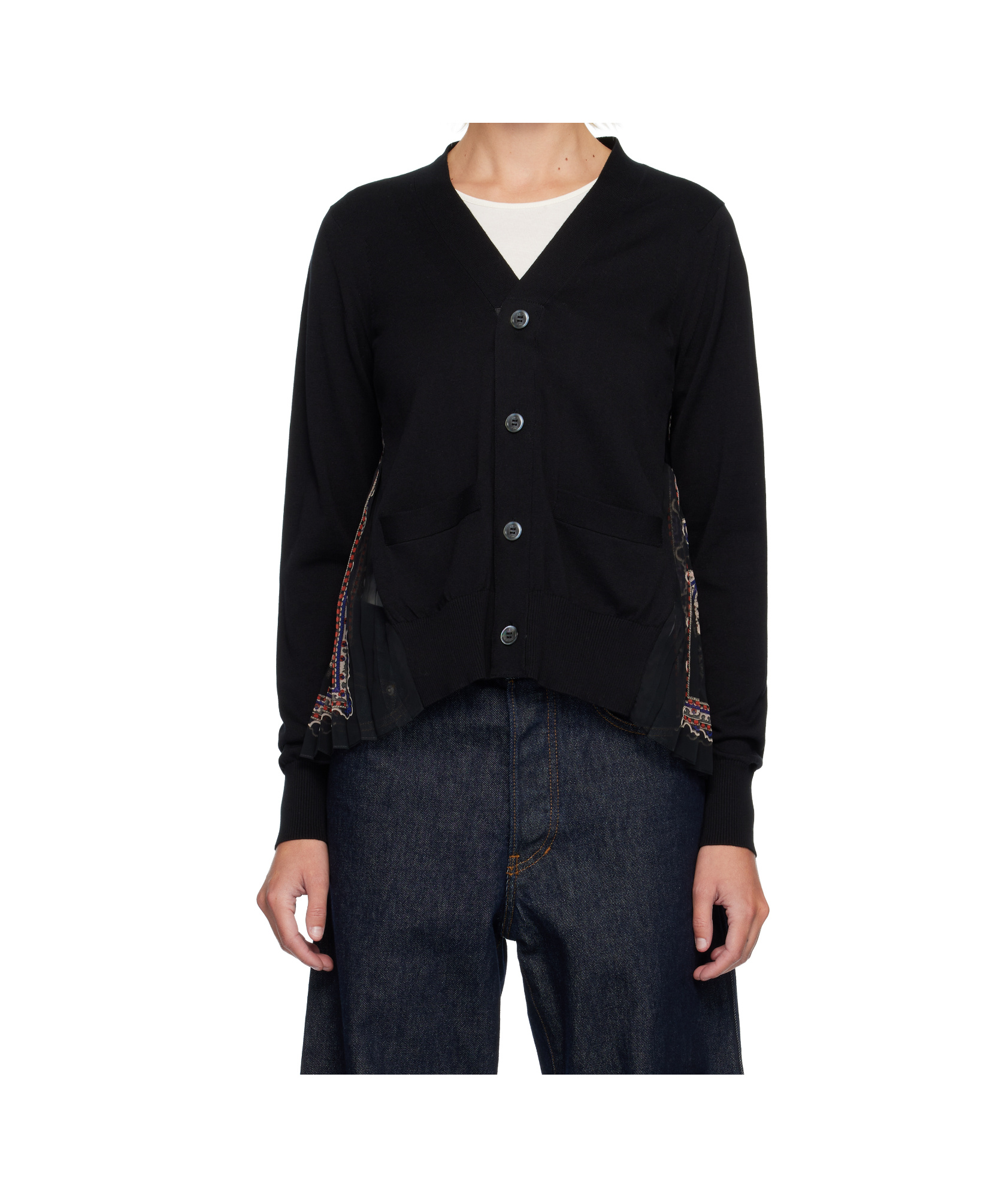 Sacai Printed Cotton Knit Cardigan In Black