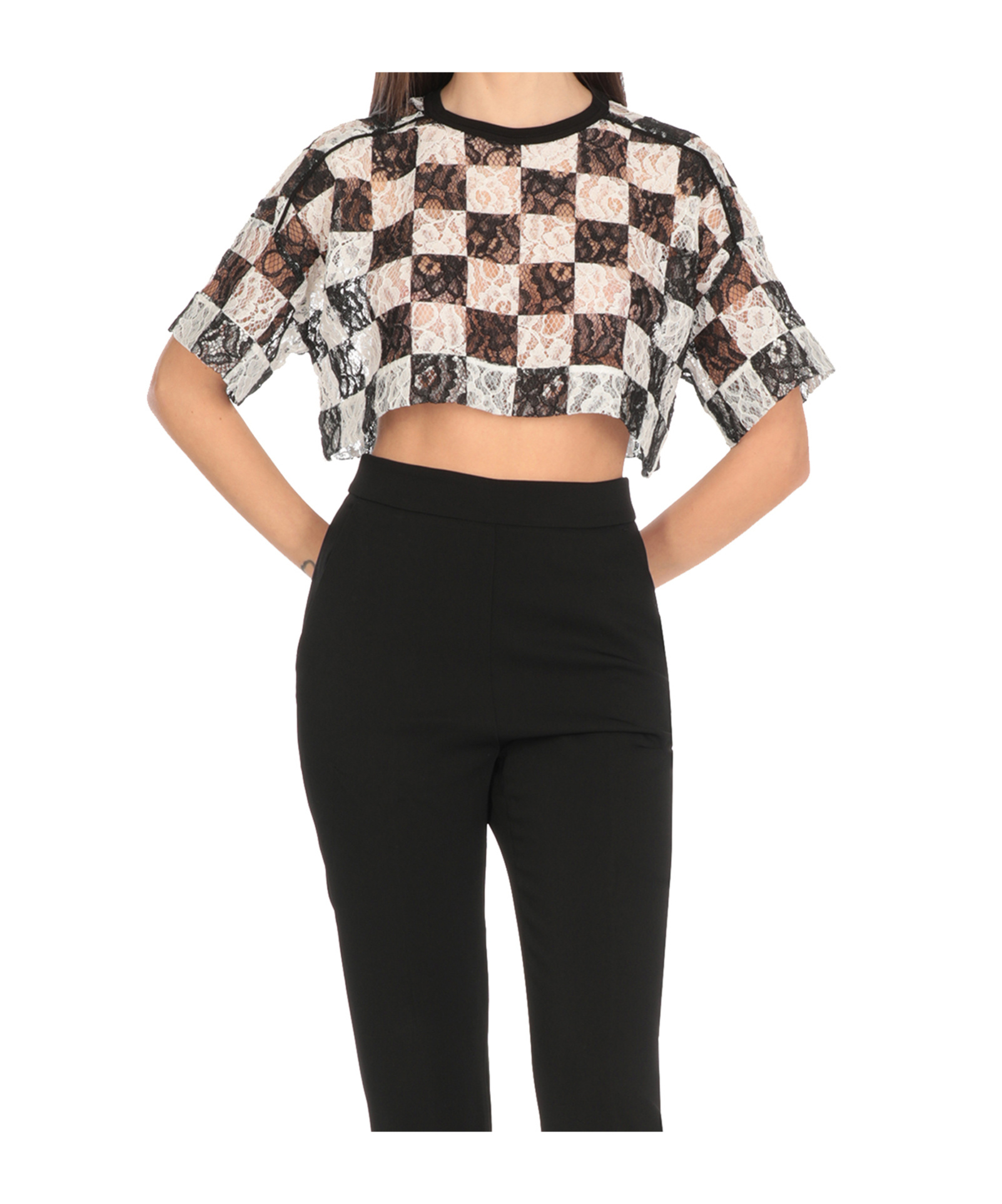 Shop Pinko Checked Cropped Lace T-shirt In White