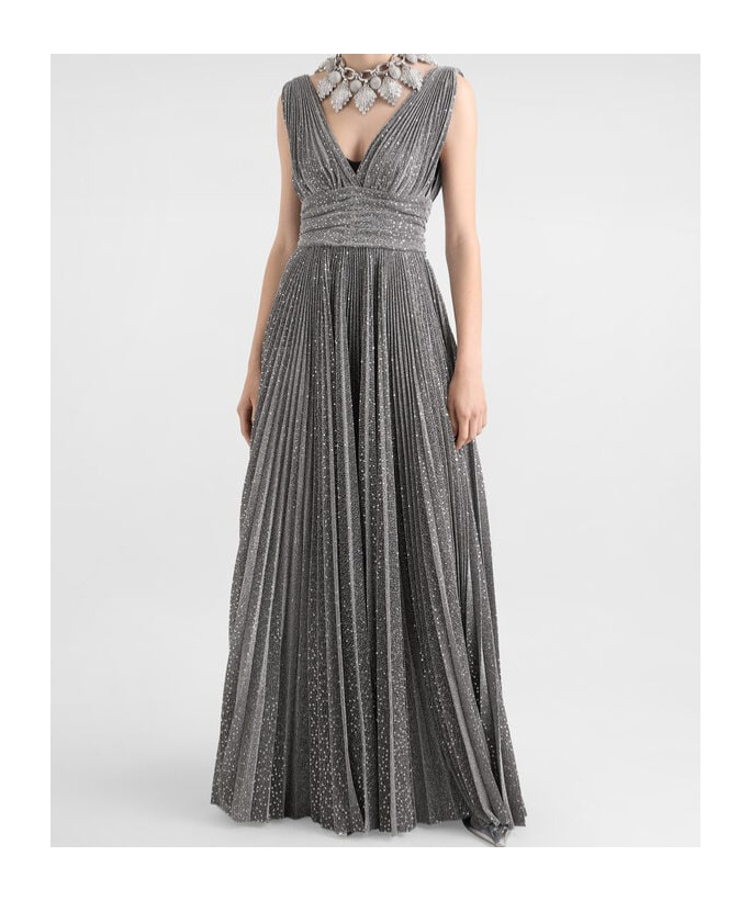 Dolce & Gabbana Long Pleated Dress With Micro-sequin Embellishment In Gray