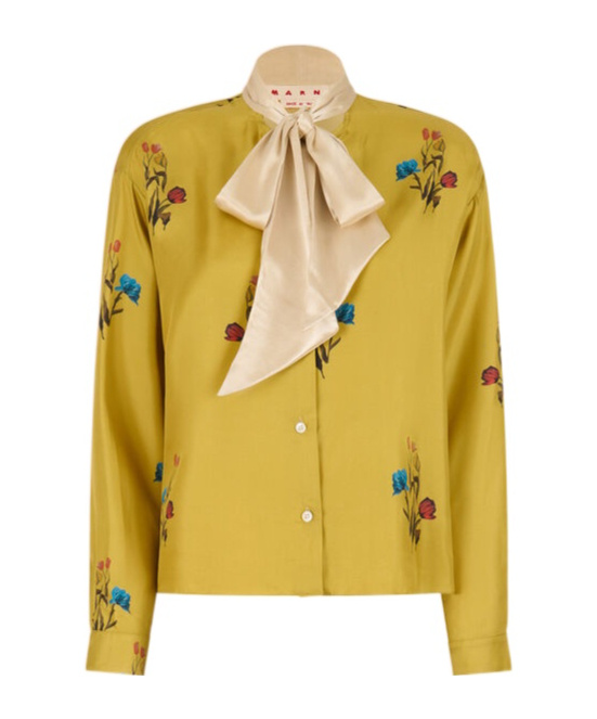 Marni Yellow Silk Twill Shirt With Tulip Print In Gold