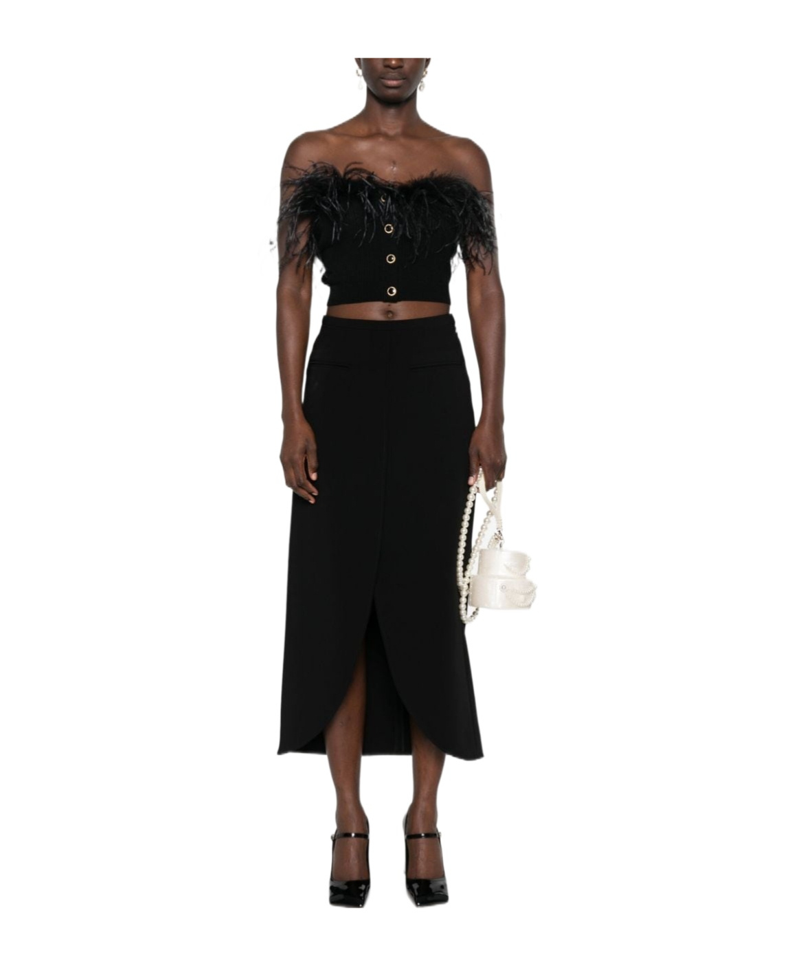 Alessandra Rich Feather-accented Wool Top With Button Detail And Sophisticated Design In Black