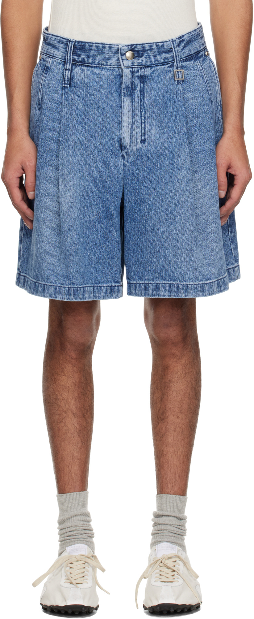 Wooyoungmi Blue One-tuck Washed Corduroy Denim Shorts In Blue