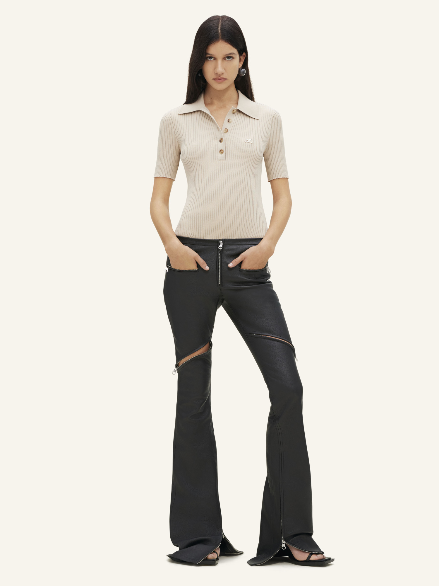 Shop Courrèges Rib Knit Short-sleeved Polo Shirt In Nude