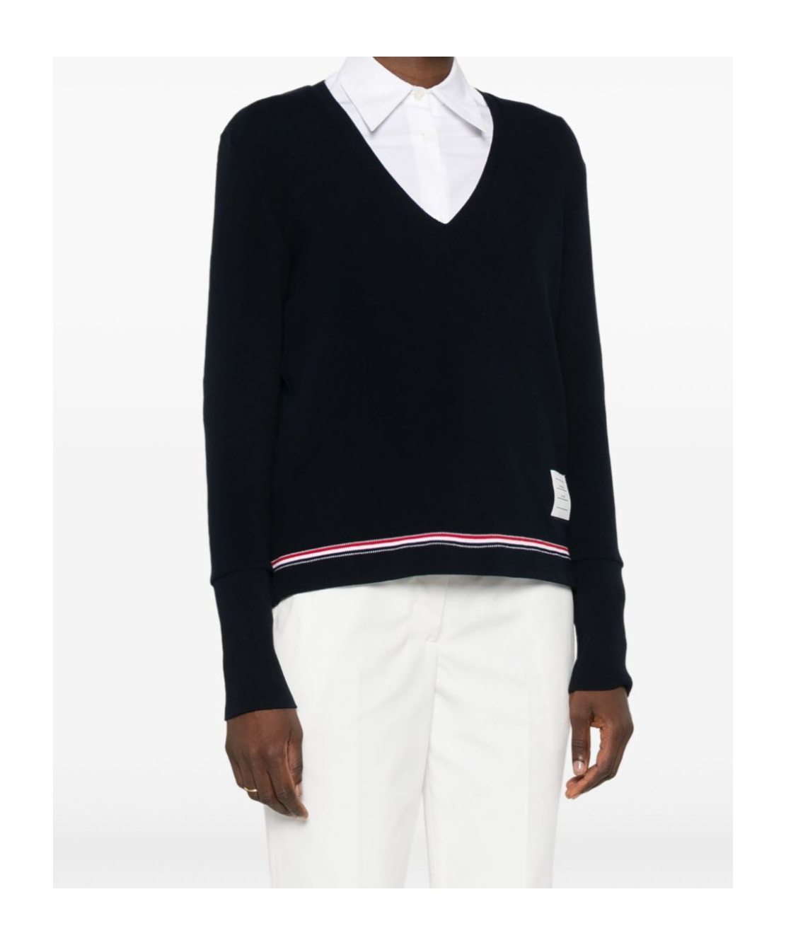 Thom Browne Cotton Pique V Neck Long Sleeve In Black