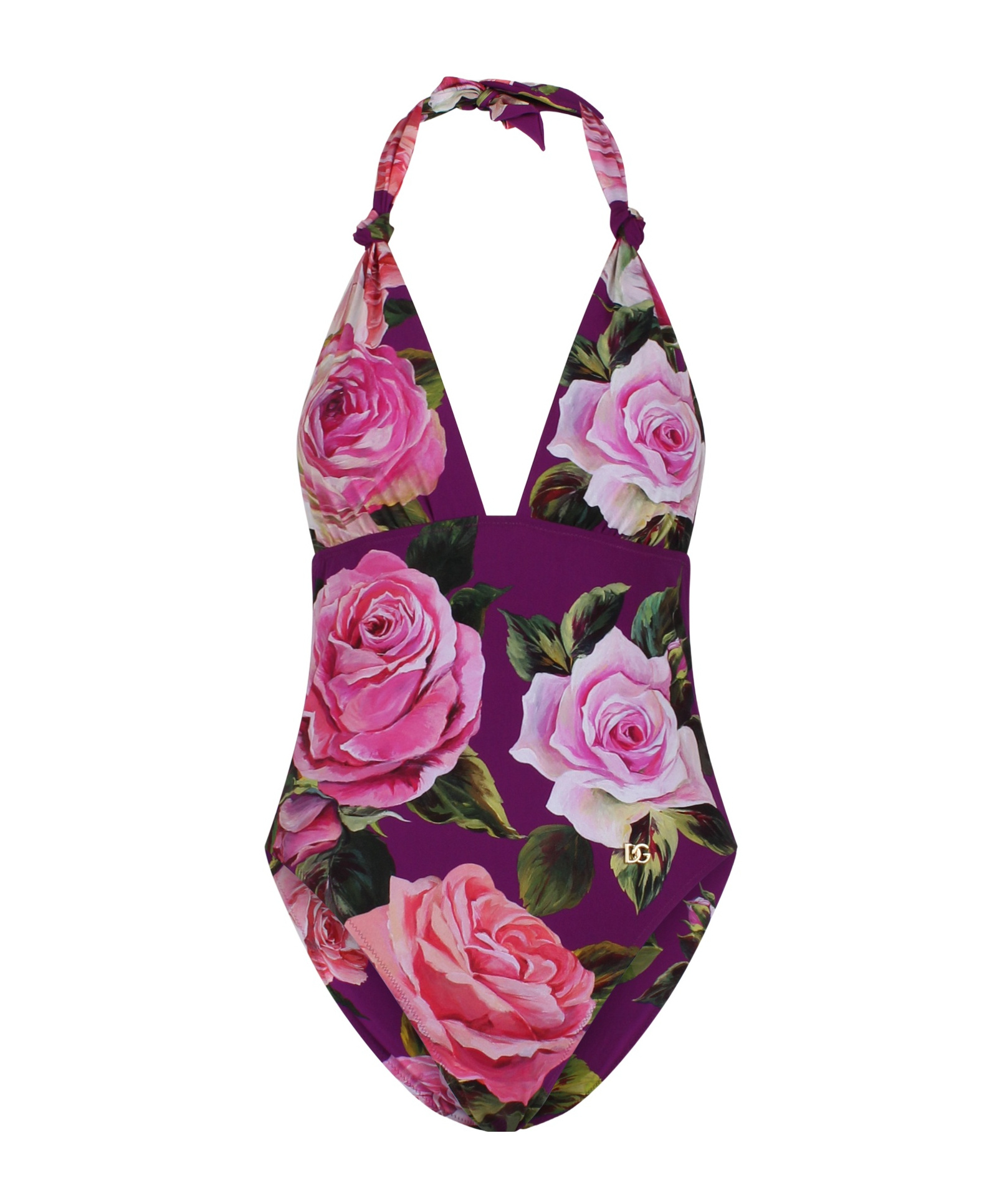 Dolce & Gabbana Embellished Floral-print Knotted Halterneck Swimsuit In Multi-color