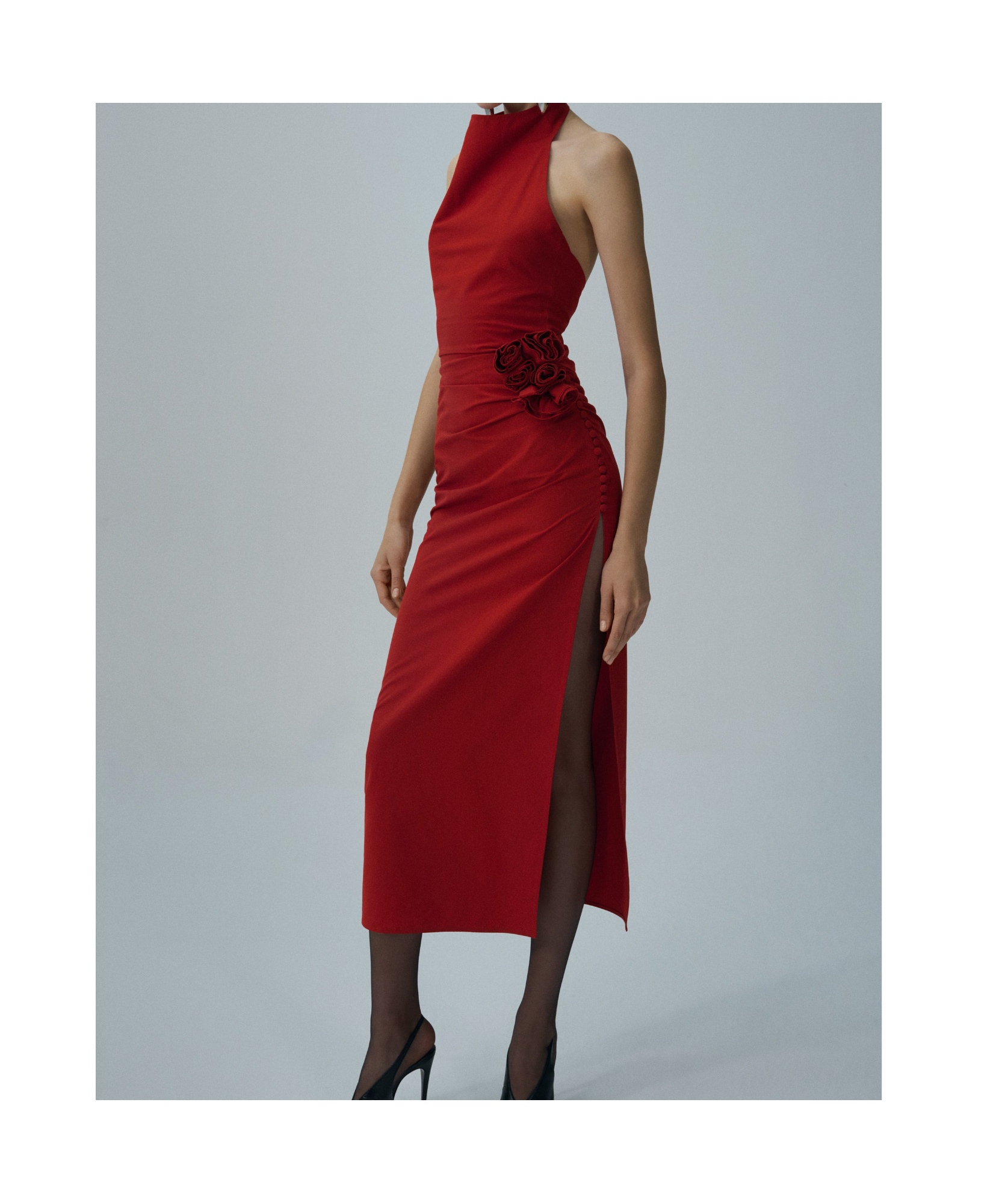 Magda Butrym High Neck Floral Applique Midi Dress In Red In Red