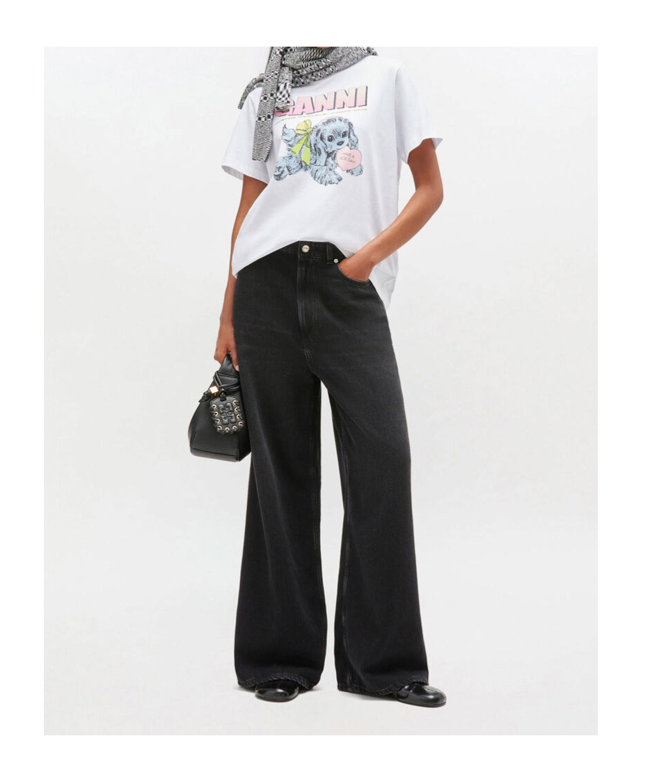 Ganni Graphic Print Crew Neck Short Sleeve Top In White