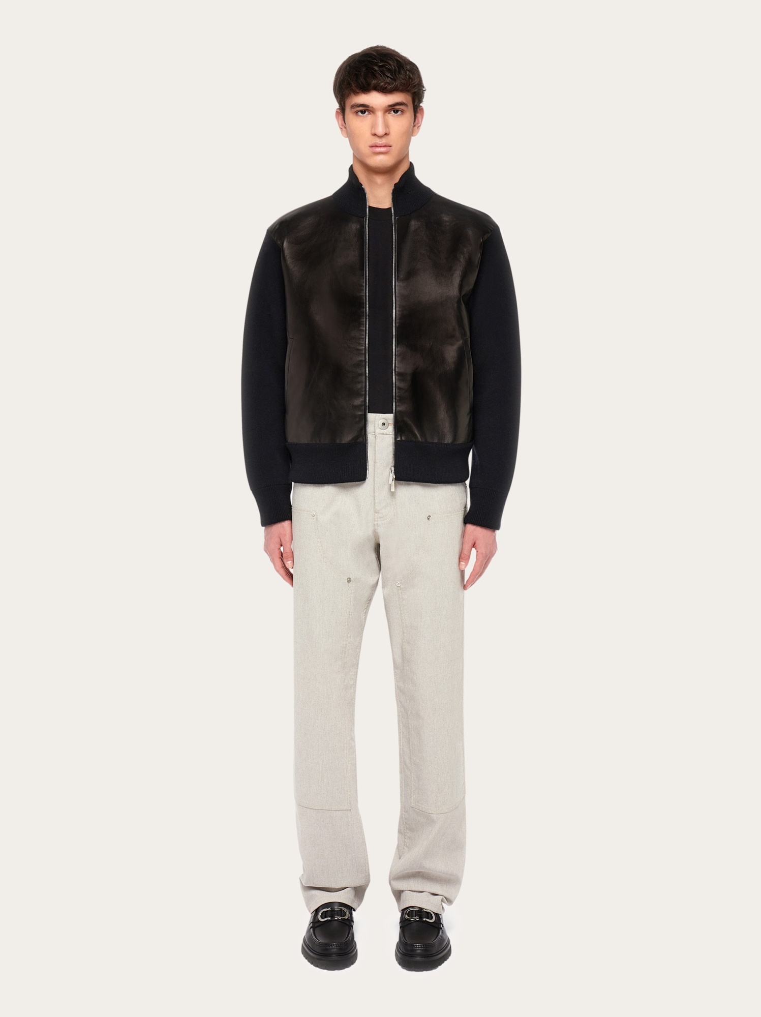 Ferragamo Luxury Wool And Leather Zip Cardigan For Men In Black