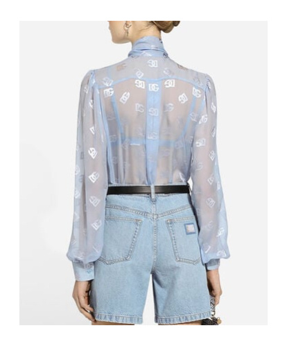 Dolce & Gabbana Pussy-bow Collar Semi-sheer Shirt In Blue