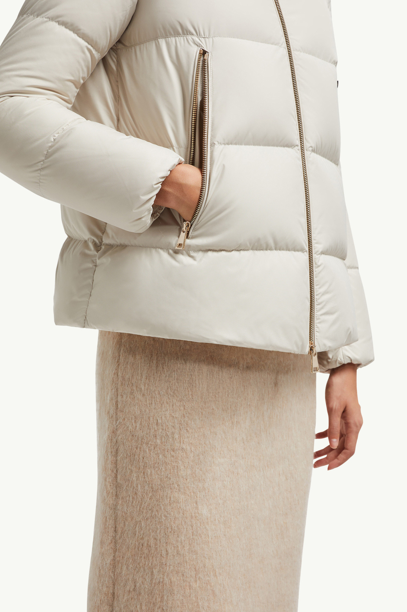 Moncler Laichefur Hooded Shearling-trimmed Short Down Jacket In White