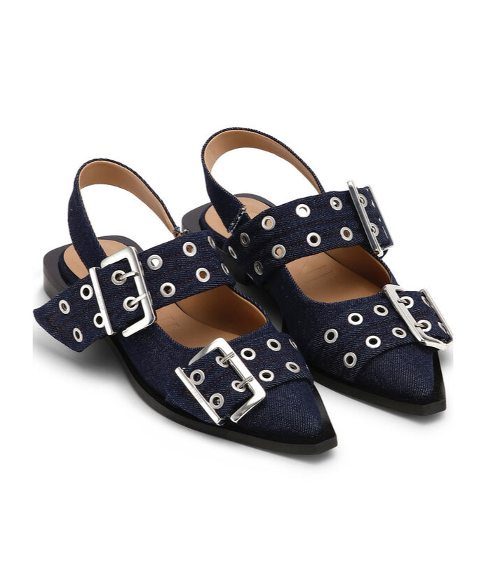 Shop Ganni Denim Feminine Buckle Ballerinas In Black