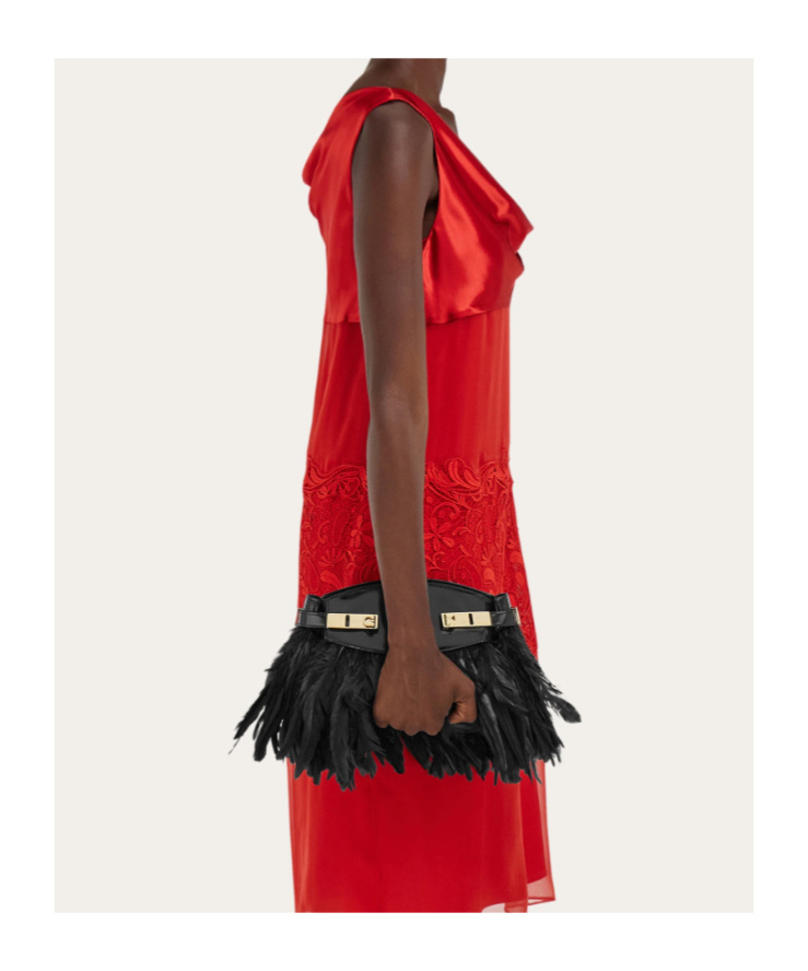 Ferragamo Hug Feather-trimmed Cross Body Bag In Black