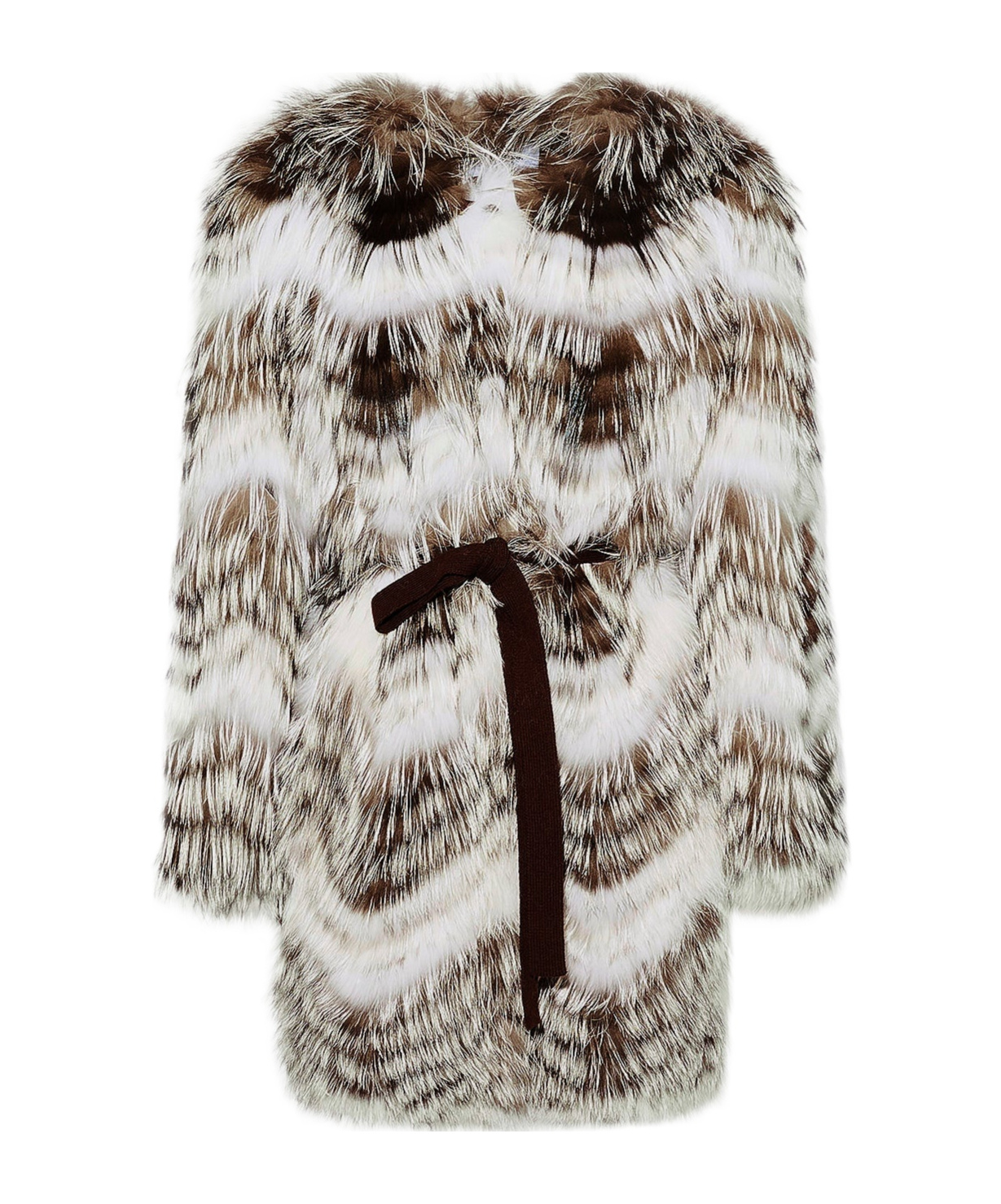 Yves Salomon Belted Coat In Merino Knit And Fox Fur In Multi