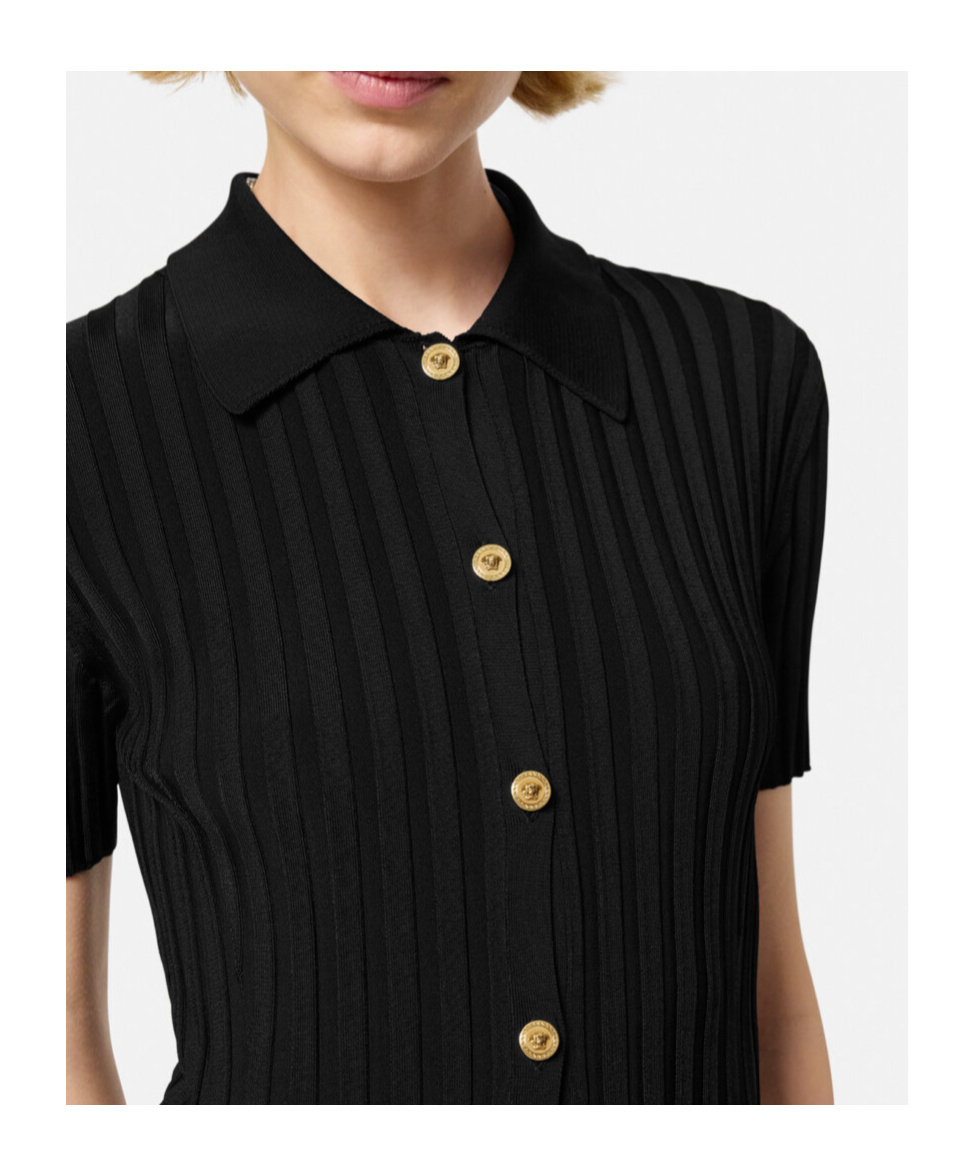 Versace Short-sleeve Flat-rib Knit Button-front Shirtdress In Black