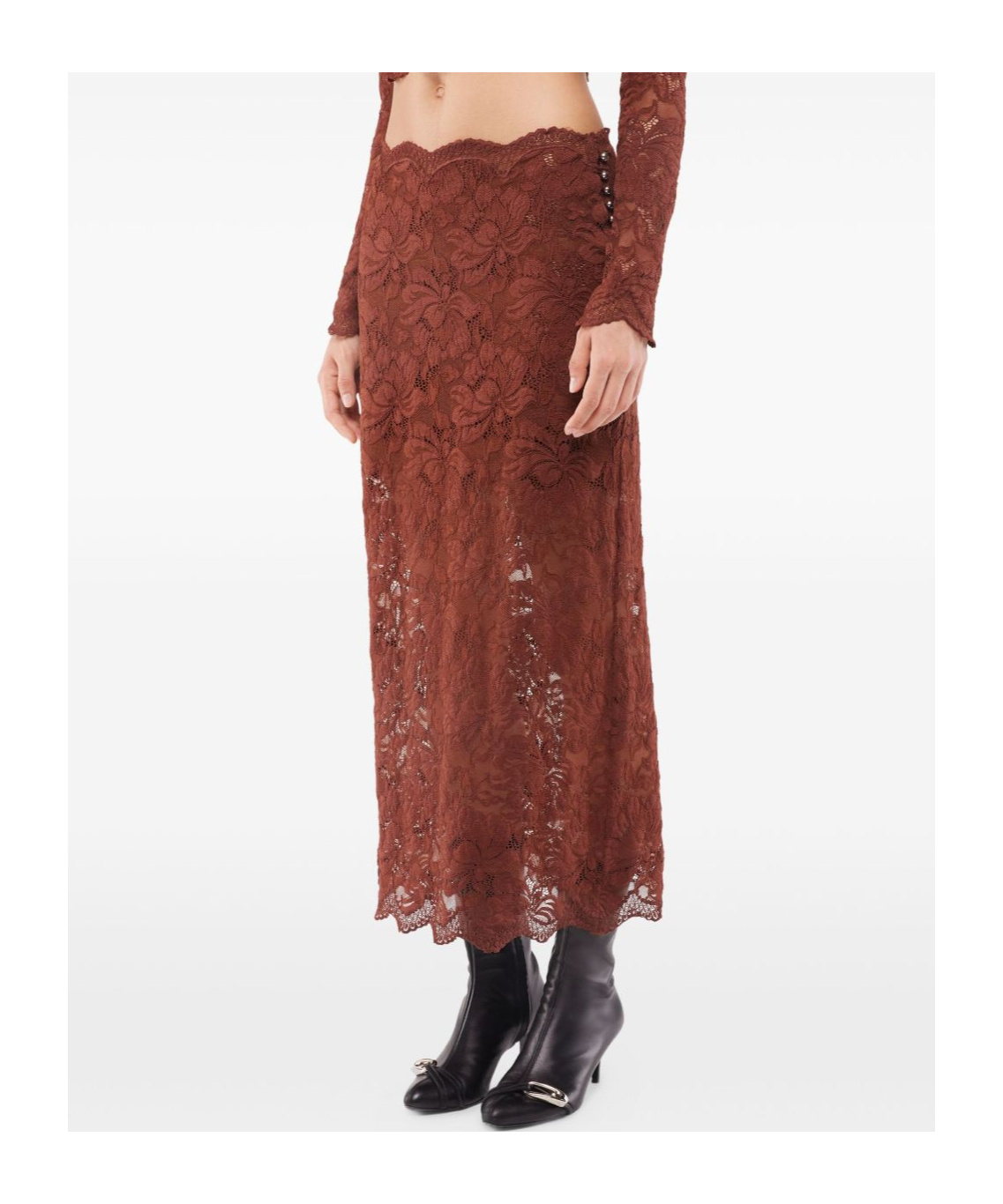 Rabanne Floral Lace Brown Midi Skirt With Scalloped Hem In Brown