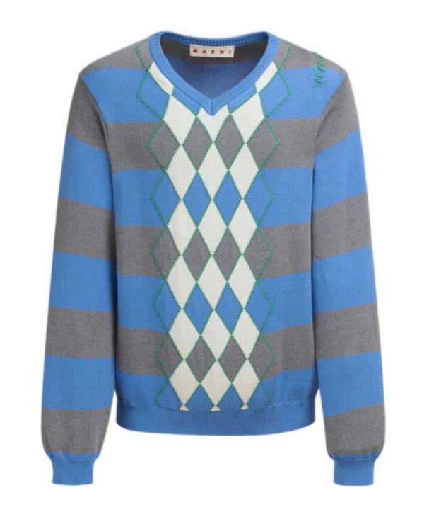 Marni Blue Stripe Sweater With Argyle Motif In Blue